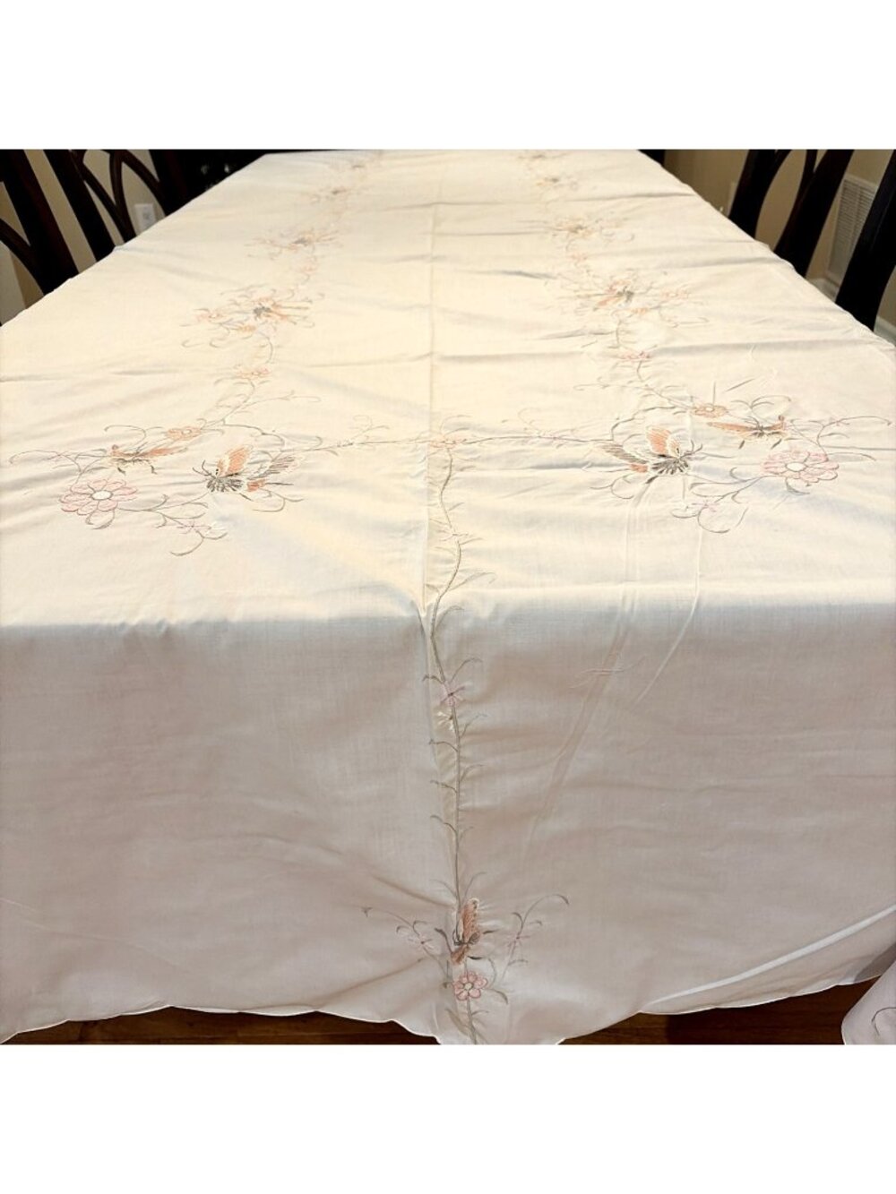 VTG Cutwork Embroidered Tablecloth XL 134X68" Pastel Butterfly Floral Cottage